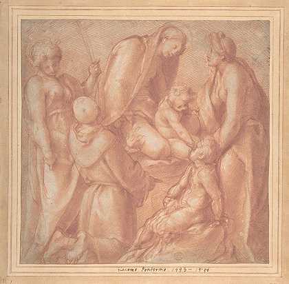 圣母玛利亚与圣伊丽莎白、婴儿浸礼会教徒、帕多瓦的圣安东尼和一名女性烈士`Virgin and Child with Saint Elizabeth, the Infant Baptist, Saint Anthony of Padua, and a Female Martyr (1514–22) by Pontormo (Jacopo Carucci)
