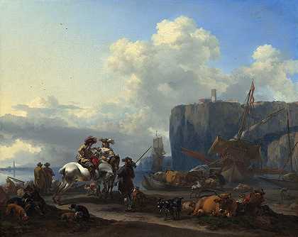 意大利港口景观`View of an Italian Port (early 1660s) by Nicolaes Pietersz. Berchem