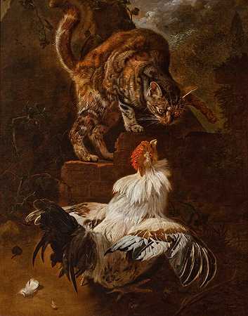 公鸡和猫的搏斗`Fight of a Cock and a Cat (1674) by Jacobus Victors