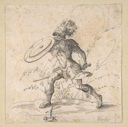 在风景中挥舞盾牌的士兵`A Soldier Brandishing a Shield in a Landscape (1586) by Monogrammist GK