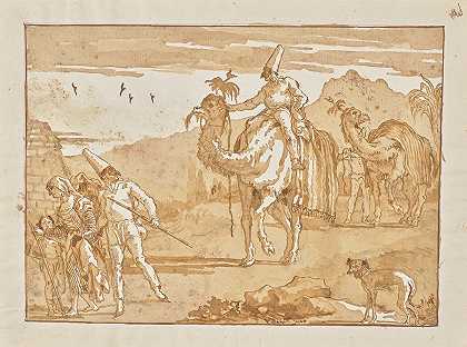 小矮人骑着骆驼走在商队的前面`The Punchinello Riding a Camel at the Head of a Caravan (late 1790s) by Giovanni Domenico Tiepolo