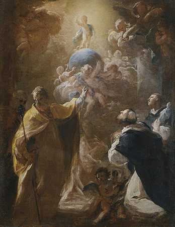 婴儿基督与圣徒多米尼克和尼古拉斯在荣耀中`The Infant Christ In Glory With Saints Dominic And nicholas by Corrado Giaquinto