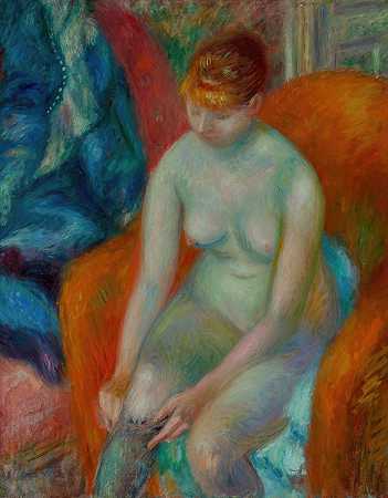 裸体穿丝袜（赤裸红发）`Nude Pulling On Stocking (Nude With Red Hair) (circa 1925) by William James Glackens