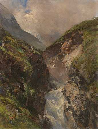 瀑布怒吼的峡谷`Gebirgsschlucht mit tosendem Wasserfall (Ca. 1880) by Edward Theodore Compton