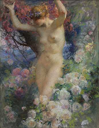 在玫瑰中`Parmi les roses (1917) by Antoine Calbet