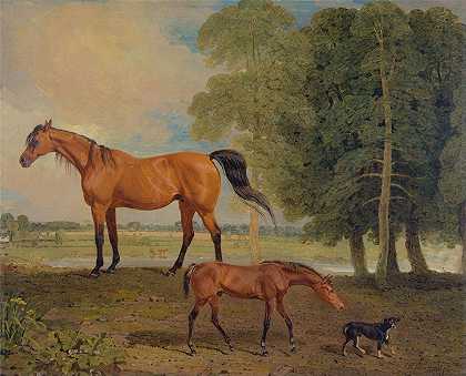 带小马驹和梗的母马`Broodmare With Foal, And A Terrier (1822) by Benjamin Marshall