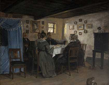 艺术家她的朋友和家人围着桌子坐着。新西兰北部维杰比`The Artists Friends and Family Seated Round a Table. Vejby, North Zealand (1842 ~ 1843) by P. C. Skovgaard