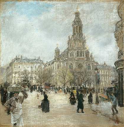 巴黎三位一体广场`Place de la Trinité, Paris (c. 1886) by Jean François Raffaëlli