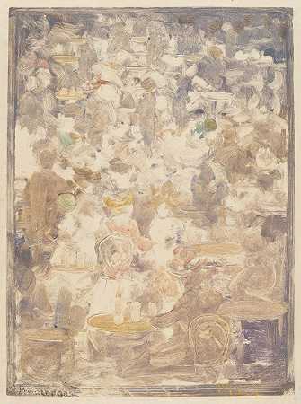 户外咖啡厅场景`Outdoor Cafe Scene (1900~1905) by Maurice Prendergast