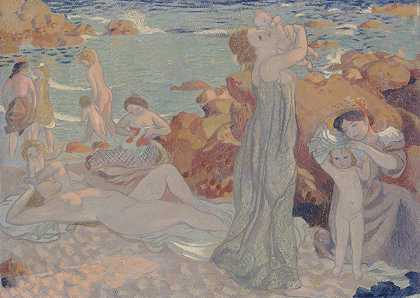 洗澡的人，章鱼海滩`Baigneuses, plage du Pouldu (1899) by Maurice Denis