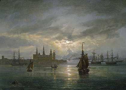 月光下的克伦堡城堡`Kronborg Castle in Moonlight (1849) by Johan Christian Dahl