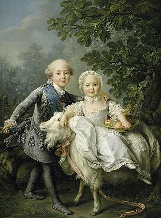 法国查尔斯·菲利普和他的妹妹玛丽·阿德莱德的肖像` Portrait of Charles Philippe of France and his Sister Marie Adelaide by Francois Hubert Drouais
