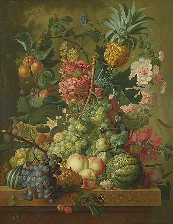 水果和鲜花` Fruit and Flowers by Paulus Theodorus van Brussel