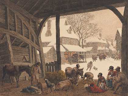 乡村雪景`A Village Snow Scene (1819) by Robert Hills