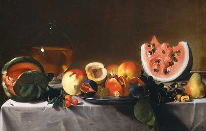 带水果和水瓶的静物画`Still Life with Fruit and Carafe by Pensionante del Saraceni