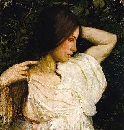 整理头发的女孩`Girl Arranging Her Hair (1918~1919) by Abbott Handerson Thayer