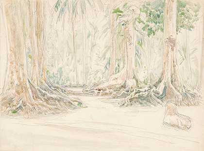 印度森林中的树间脸`Gezicht tussen bomen in Indisch woud (1874 1925) by Jan Veth
