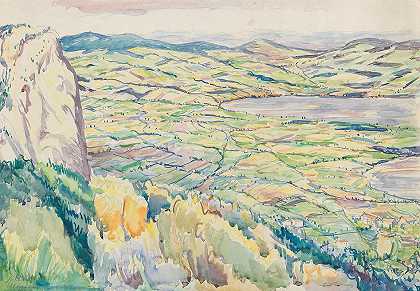 从Höllkar俯瞰蒙德西湖`A view of Lake Mondsee from Höllkar (1935) by Anton Emanuel Peschka