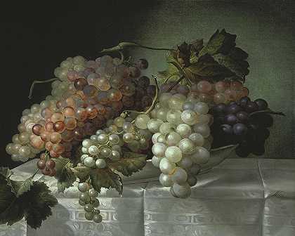 瓷盘里放着葡萄的静物画`Still life with grapes in a porcelain dish by Joseph Nigg
