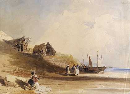 法国海岸风景，有人物、船只和渔棚`French coastal scene wtih figures, boats and fishing shacks (1828) by Thomas Shotter Boys