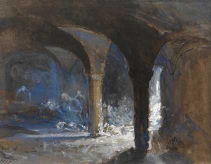 主教的地下室布里斯托尔暴乱期间的皇宫`Crypt of the bishops palace during the Bristol riots (1832) by William James Müller