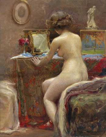 在厕所镜子前`Vor dem Toilettespiegel (1914) by Vlaho Bukovac