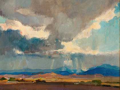 风暴席卷西部风景`Storm over a Western Landscape (1924) by Oliver Dennett Grover