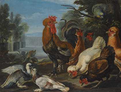 湖边树林中的鸭子、豚鼠和兔子`Ducks, Guinea Pigs And A Rabbit In A Wooded Landscape Beside A Lake by David de Coninck