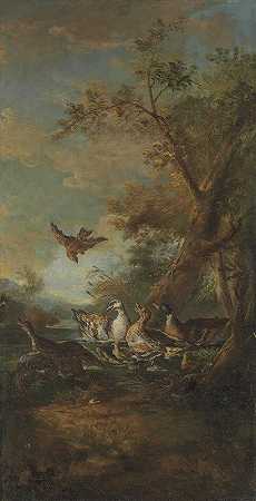 风景中的猛禽、鸭子和小鸭`A Bird Of Prey, Ducks And Ducklings In A Landscape by Giovanni Crivelli