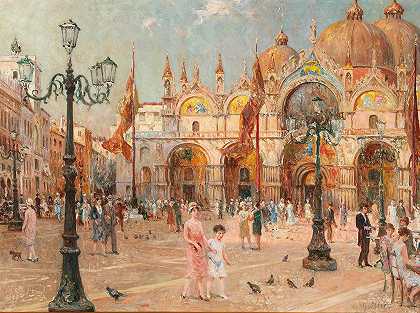 威尼斯，圣马可广场上的一片生机勃勃的景象`Venice, a Lively Scene on St Mark’s Square by Franz Guillery