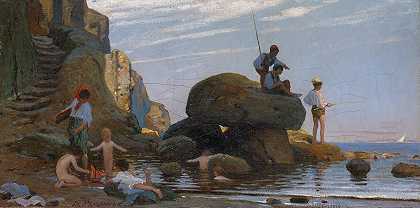 渔夫和在海边洗澡的孩子们`Fisherman and Bathing Children at the Sea Beach (1873) by Theophil Preiswerk