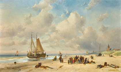 海滩上的渔夫`Fisherfolk On The Beach (1881) by Charles Leickert