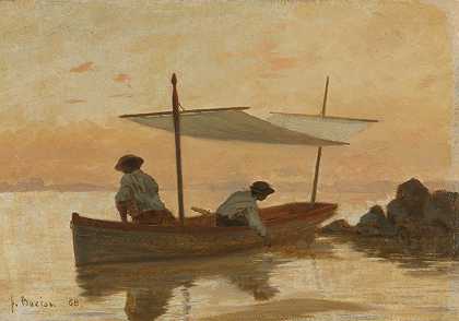 艺术家的小船停泊在多里尼海滩附近`Boat Of The Artist Anchoring Near The Beach Of Dorigny (1868) by François Bocion