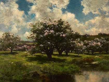苹果在池塘边开花`Apple Blossoms Near a Pond by John Appleton Brown