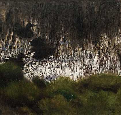 芦苇野鸭`Wild Ducks in Reeds (1901) by Bruno Liljefors