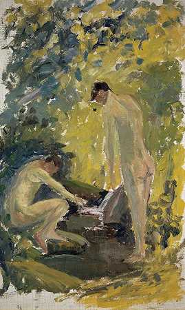 两个裸体的年轻人在树林里的一条河里`Two Nude Young Men in a River in the Woods by Ernst Schiess
