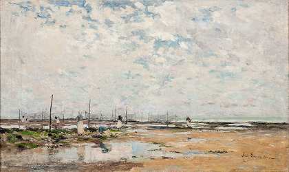 诺曼底维尔海滩`The Beach at Villerville, Normandy (1878) by Axel Lindman