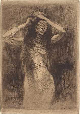 裸体女孩梳头`Nude Girl Combing Her Hair (1887) by Albert Besnard