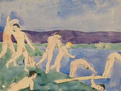 海滩上的十二个裸体男孩`Twelve Nude Boys at the Beach (ca. 1914) by Charles Demuth