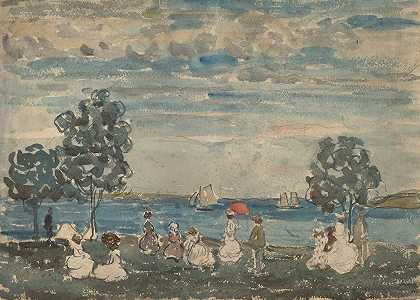 海滩上的人影`Figures on a Beach (1910~1915) by Maurice Prendergast