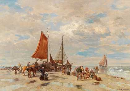 海滩上的渔民`Fishermen On The Beach by Désiré Thomassin