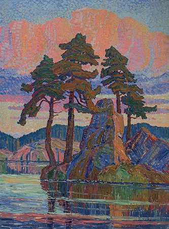 科罗拉多州日落湖`Lake at Sunset, Colorado (1921) by Birger Sandzén