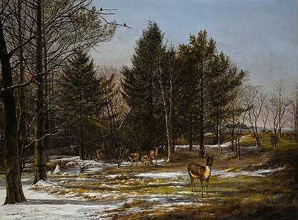 有鹿的树木繁茂的冬季景观`A Wooded Winter Landscape With Deer (1817) by Pieter Gerardus van Os