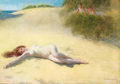 裸睡在海滩上`Sleeping Nude On A Beach (1913) by Pierre Carrier-Belleuse