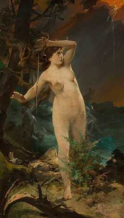 米尔达——在波涛汹涌的大海中，女性裸体`Milda – female nude against the landscape of rough sea (1910) by Kazimierz Alchimowicz