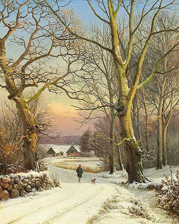 新西兰北部森林里的冬日。一个人遛狗`Vinterdag i skoven, Nordsjælland. En mand lufter hunden (1874) by Anders Andersen-Lundby