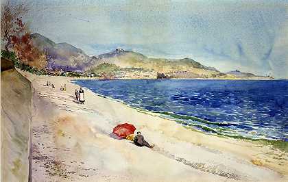 在法国尼斯英吉利大道下面的海滩上`On the Beach below the Promenade des Anglais, Nice, France (1898) by Cass Gilbert