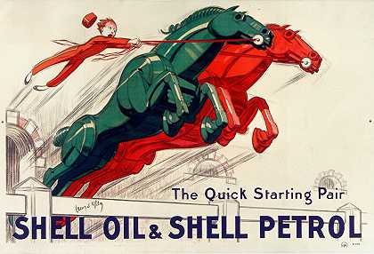 快速启动对壳牌石油和壳牌汽油`The Quick~starting pair Shell oil and Shell petrol (1930) by Jean d;Ylen