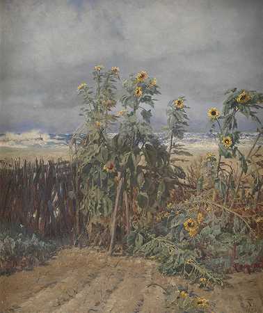 海滩上的向日葵`Sunflowers on a Beach (1893) by Thorvald Niss