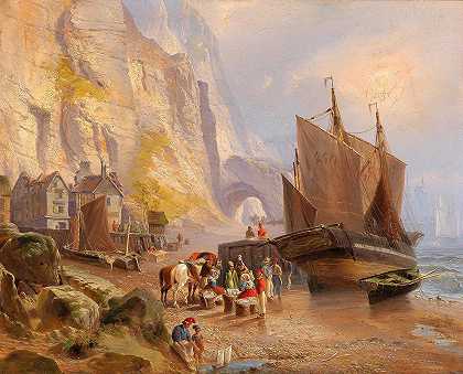 海滩上的渔民`Fishermen on the Beach (1844) by Fritz Bamberger
